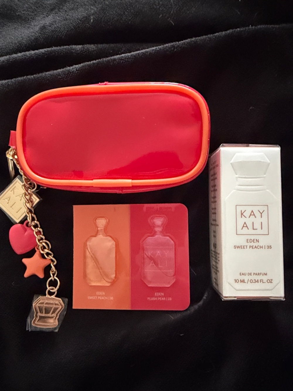 New KAYALI Eden Sweet Peach Perfume & Cosmetic Pouch with Charm